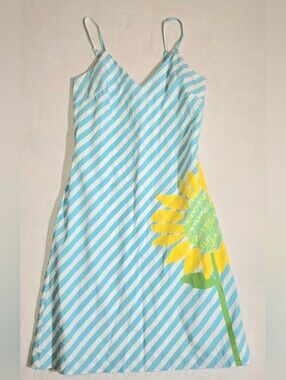 Vintage Lilly Pulitzer Sunflower Stripe Cotton Mini Dress Blue White Sun Dress 6